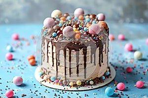 Birthday cake with colorful Sprinkles over a blue background