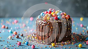 Birthday cake with colorful Sprinkles over a blue background