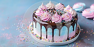 Birthday cake with colorful Sprinkles over a blue background