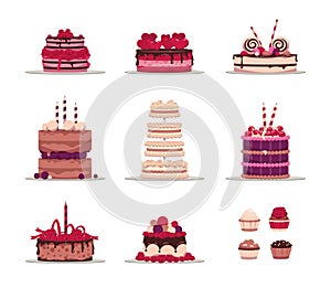 Birthday cake. Confectionery from biscuit and glaze. Round multilayered pastries with candles or decorative creamy roses.
