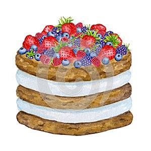 Birthday cake decorated with berries. Watercolor holiday clipart