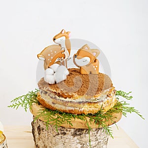 Birthday cake deer, mushrooms and leaves
