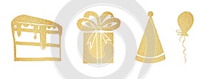 Birthday cake, gift box, present, balloon isolated on white background. Bakery logo, sweet logo, golden logo. Set gold icons for