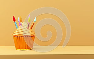 Birthday cake gold color 3d design. Cupcakes for a happy birthday on yellow background with celebrating elements like for birth