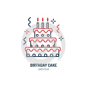 Birthday cake line icon. Vector logo for bakery, party service. Tasty torte thin linear symbol for event agency. Linear