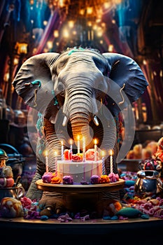 Birthday cake with lit candles in front of elephant. Generative AI