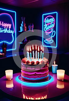 a birthday cake with lit candles and a sign that says happy birthday