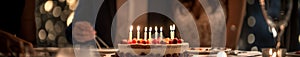 Birthday Cake With Lit Candles on Table