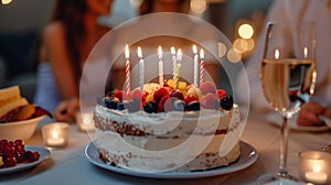 Birthday Cake With Lit Candles on Table