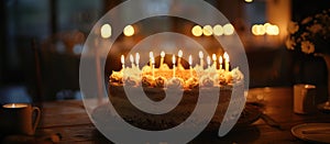 Birthday Cake With Lit Candles on Table