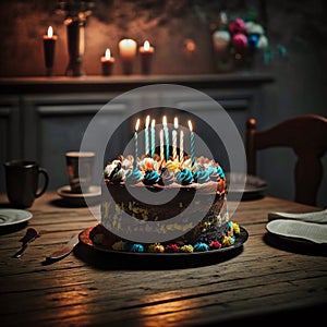 Birthday cake with lit candles on the table. generative AI
