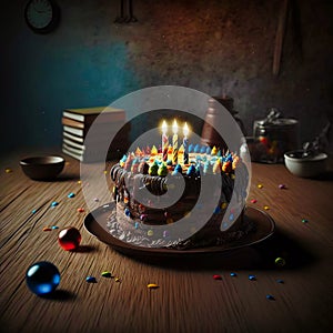 Birthday cake with lit candles on the table. generative AI