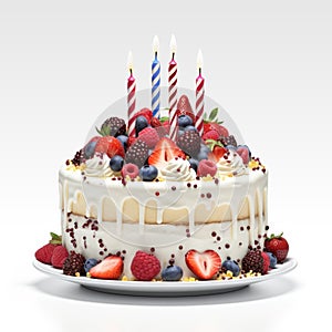 Birthday cake loaded with fresh berries and lit candles