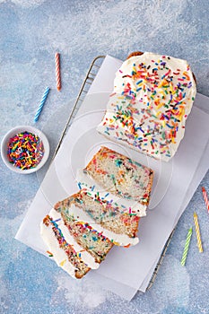 Birthday cake loaf cake or funfetti quick bread with sprinkles