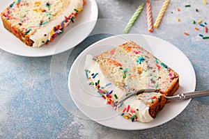 Birthday cake loaf cake or funfetti quick bread with sprinkles