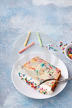 Birthday cake loaf cake or funfetti quick bread with sprinkles