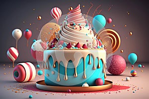 Birthday cake with lots of sweets. Generative ai