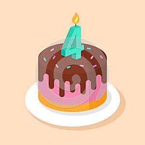 Birthday cake with number 4 candle. Fourth birthday vector illustration.