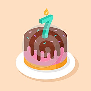 Birthday cake with number 7 candle. Seventh birthday vector illustration.