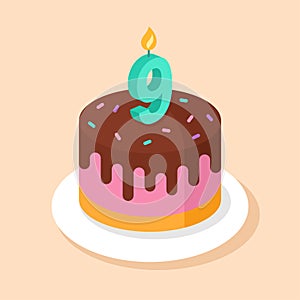 Birthday cake with number 9 candle vector illustration.