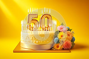 birthday cake with number fifty candles and a bouquet of flowers on a yellow burgundy background
