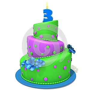 Birthday cake with number three 3d illustration