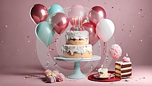 A Birthday Cake with Pastel Color Baloons and blowing candles.