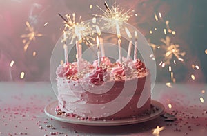 Birthday Cake With Pink Frosting and Sparklers