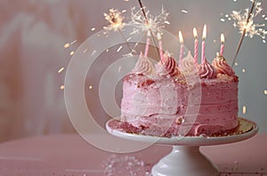 Birthday Cake With Pink Frosting and Sparklers