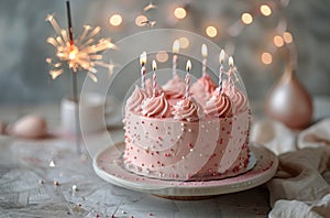 Birthday Cake With Pink Frosting and Sparklers