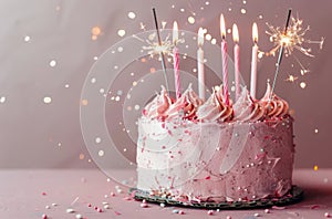 Birthday Cake With Pink Frosting and Sparklers