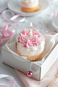 Birthday cake with pink and white icing and lit candle in a box