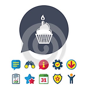 Birthday cake sign icon. Burning candle symbol.