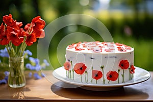 Birthday cake sitting on a table, surrounded by poppies