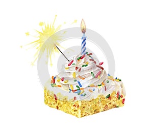 Birthday cake with sparkler and candle watercolor illustration isolated on white background