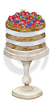 Birthday cake on a stand decorated with berries. Watercolor holiday clipart