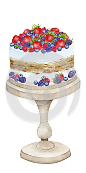 Birthday cake on a stand decorated with berries. Watercolor holiday clipart