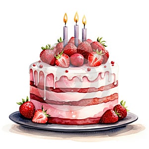 Birthday cake with strawberries and candles. Watercolor illustration