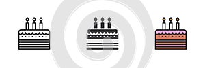 Birthday cake with three candles different style icon set