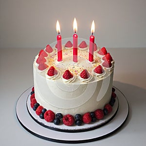 Birthday cake with three candles party decorations, AI generated image