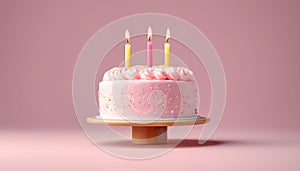 Birthday cake with a three sparkling candles on pink background. AI generated