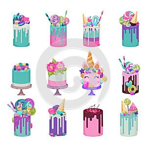 Birthday cake vector cheesecake cupcake for happy birth party sweet caked dessert from bakery set of baked cacking