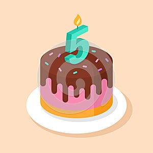 Birthday cake. Vector illustration with festive cake and number 5 candle on top.