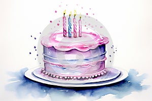 birthday cake on white background in watercolor, in the style of speedpainting, paint dripping technique, light magenta and light photo