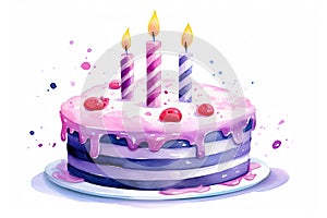 birthday cake on white background in watercolor, in the style of speedpainting, paint dripping technique, light magenta and light photo