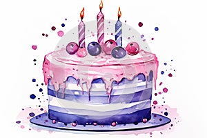 birthday cake on white background in watercolor, in the style of speedpainting, paint dripping technique, light magenta and light photo
