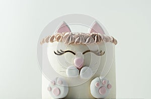 Birthday cake with white cream cheese frosting decorated with mastic cat ears, paws and face.