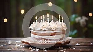 A birthday cake with white frosting and lit candles