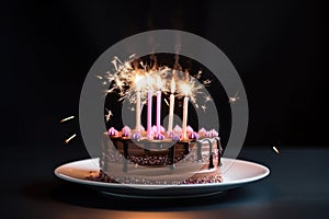 a birthday cake on a white plate with a sparkler on the side