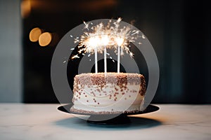 a birthday cake on a white plate with a sparkler on the side